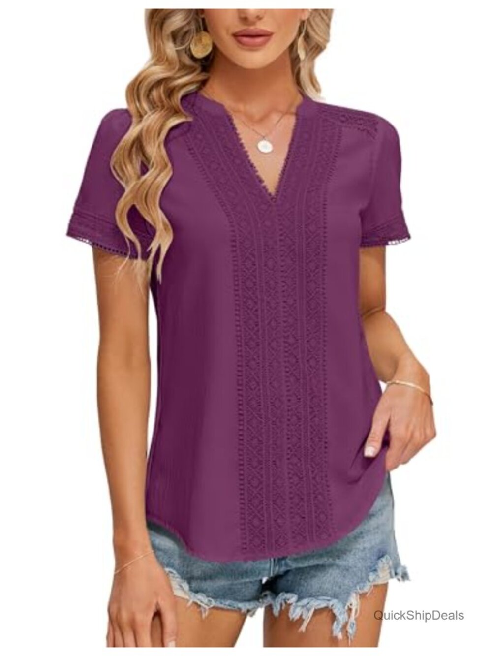 Embroidered V Neck Short Sleeve Dressy Casual Blouse